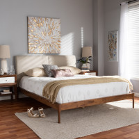 Baxton Studio BBT6723-Light Beige-Full Aveneil Mid-Century Modern Beige Fabric Upholstered Walnut Finished Full Size Platform Bed